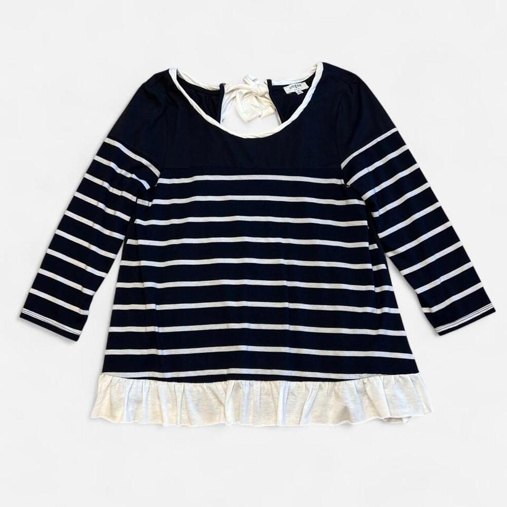 Umgee navy & white striped ruffle bow-back blouse top